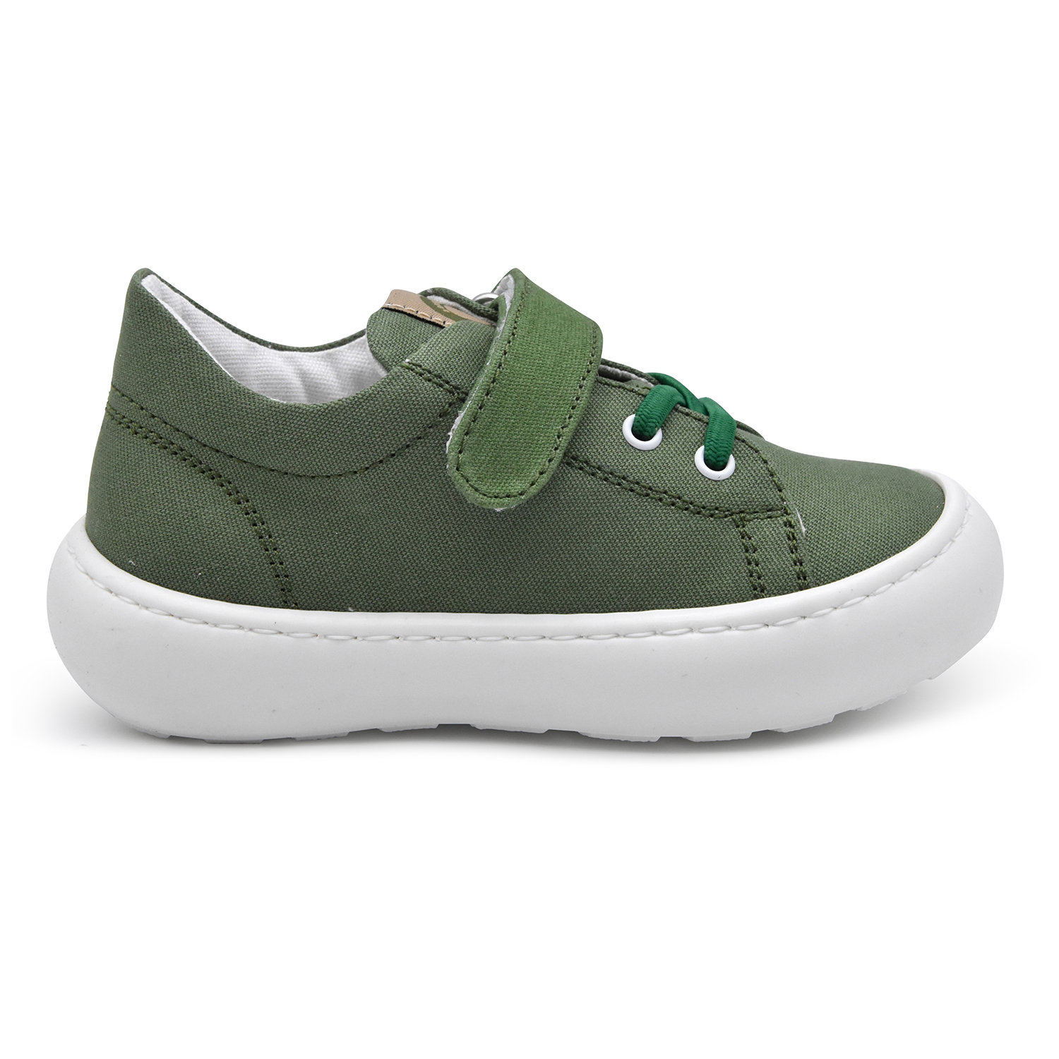 Walkey, sneakers, primi passi, made in Italy, verde, tessuto, riciclato, vegan, velcro, lacci elasticizzati, profilo
