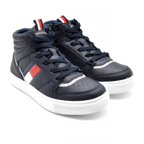 Tommy Hilfiger, sneakers alta, lacci, pelle, blu, rosso, fronte