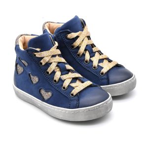 Galatea, sneakers, made in Italy, lacci, pelle, cuori, blu, oro, fronte