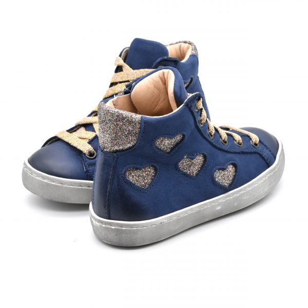 Galatea, sneakers, made in Italy, lacci, pelle, cuori, blu, oro, retro