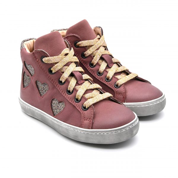Galatea, sneakers, made in Italy, lacci, zip, pelle, oro cuori, rosa, fronte