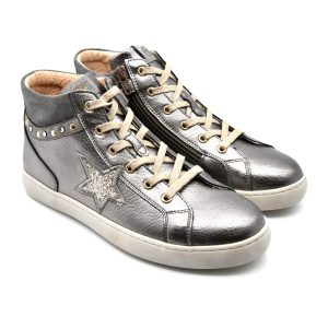 Nero Giardini, Made in Italy, sneakers alta, lacci, zip, argento, metal, stella, pelle, fronte