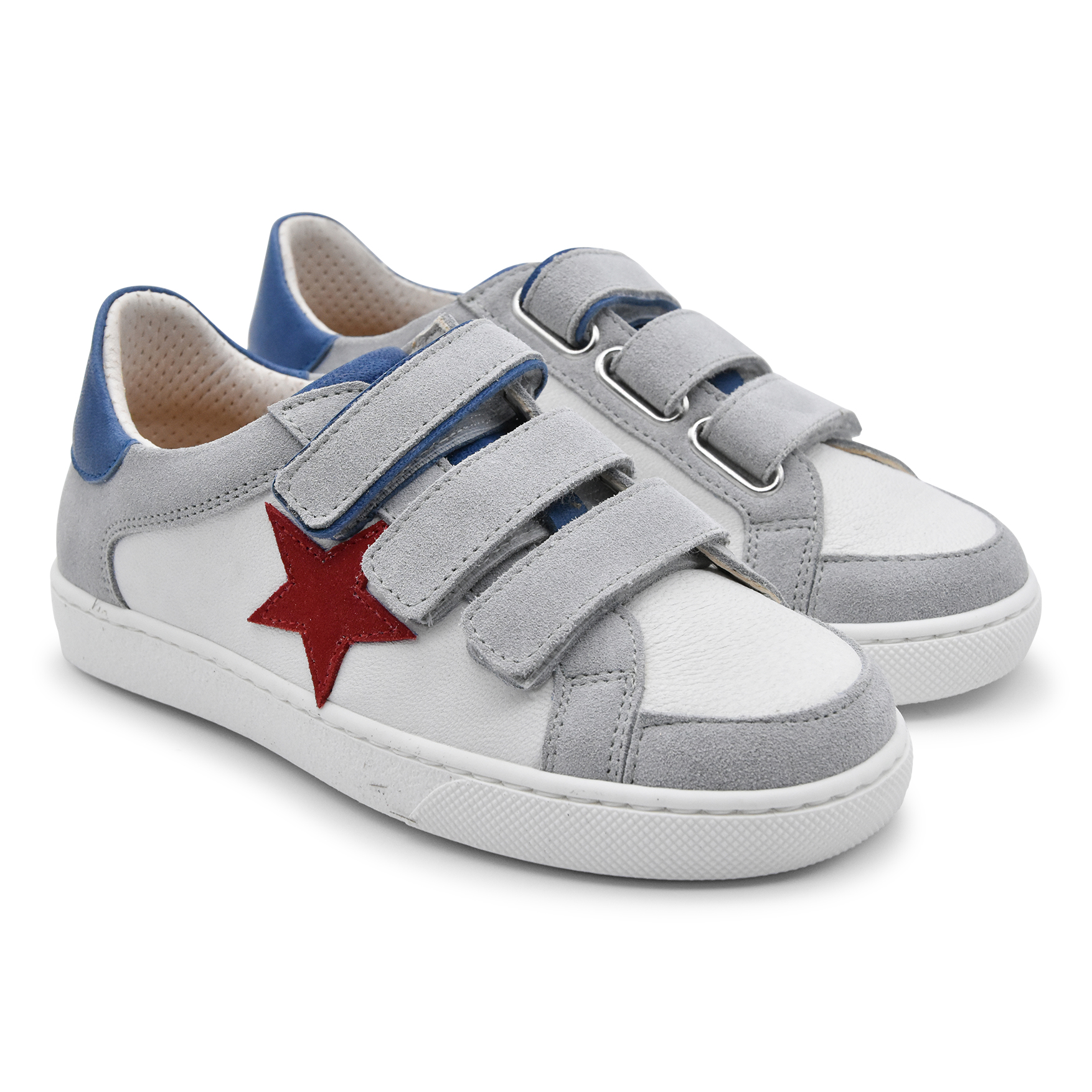 Zecchino D'oro, sneakers, made in Italy, bianco, grigio, azzurro, stella rossa, nabuk, pelle, velcro, fronte