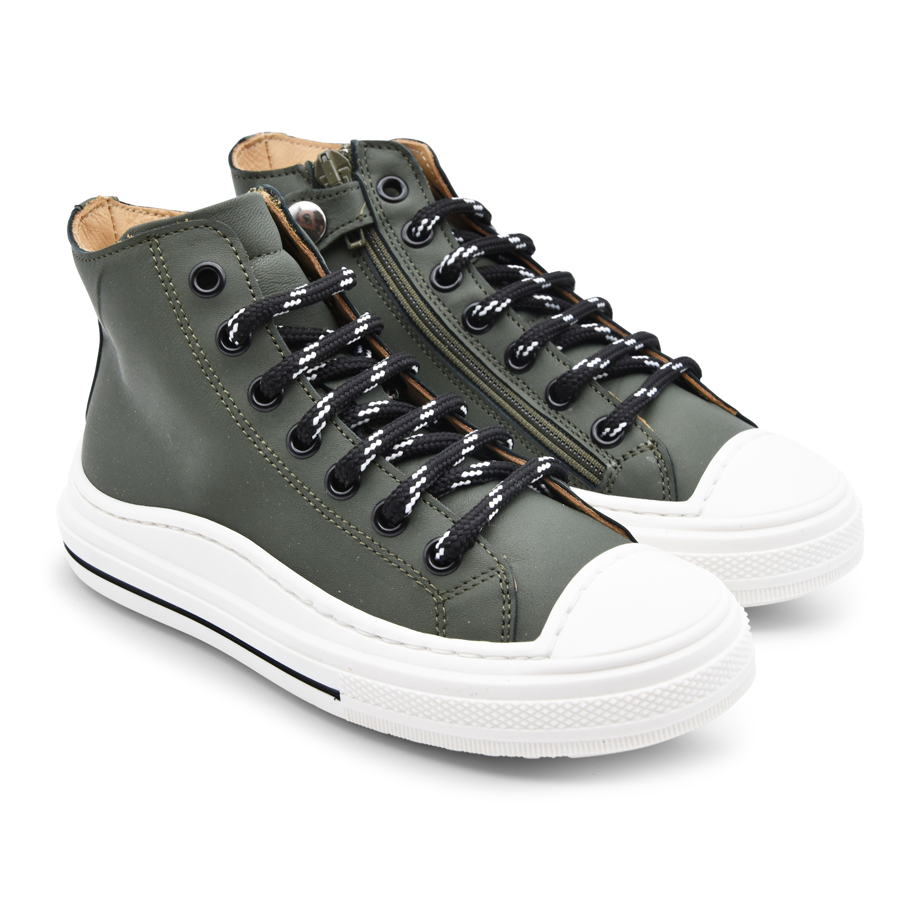 Zecchino D'oro, made in Italy, sneakers alta, pelle, verde, lacci zip, fronte