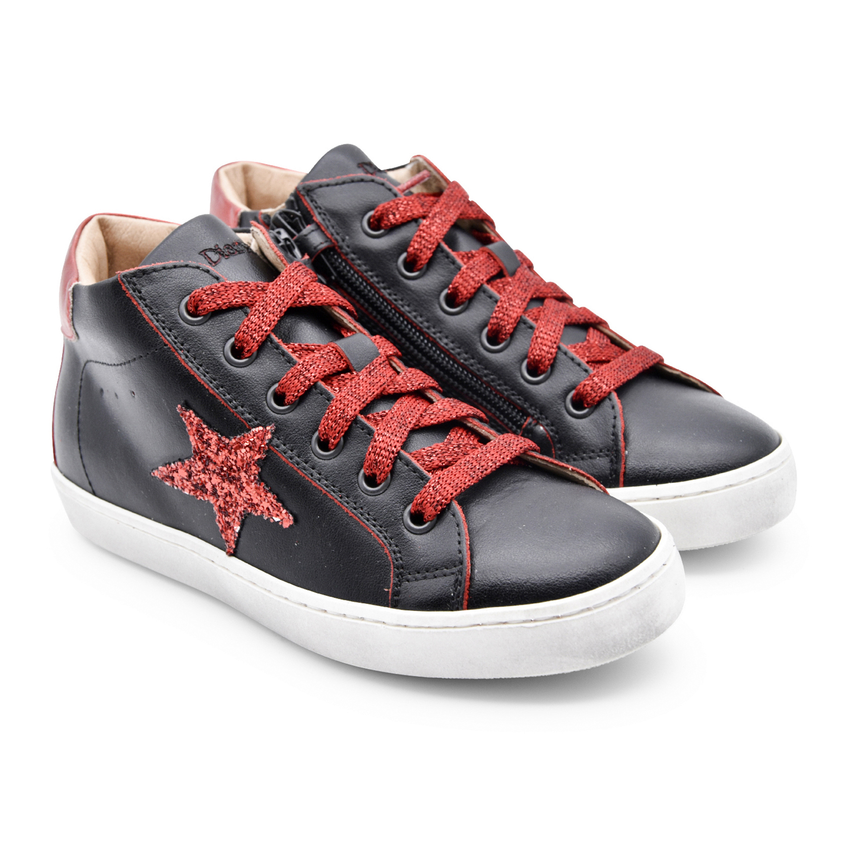 Dianetti Casual, sneakers, made in Italy, pelle, lacci, zip, nero, rosso glitter, fronte