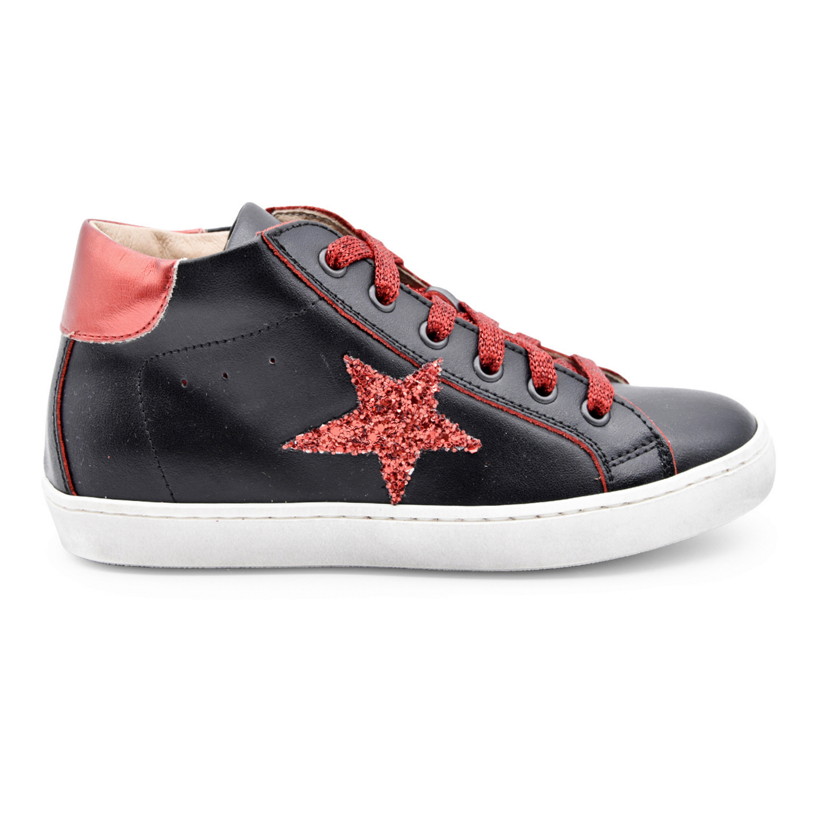 Dianetti Casual, sneakers, made in Italy, pelle, lacci, zip, nero, rosso glitter, profilo
