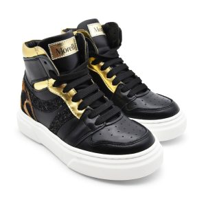 Morelli, sneakers, Made in Italy, pelle, nero, glitter, leopardato, oro, lacci, zip, fronte