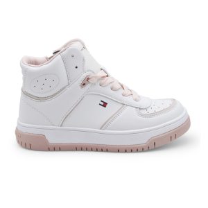 Tommy Hilfiger, sneakers alta, lacci, zip, pelle, bianco, rosa, profilo