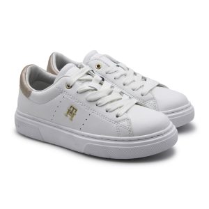 Tommy Hilfiger, sneakers, pelle, bianco, platino, lacci, zip